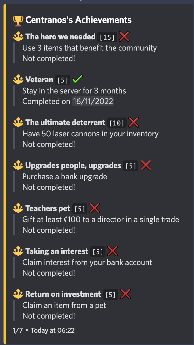 The /achievements command where members can see which they have unlocked and which they haven't