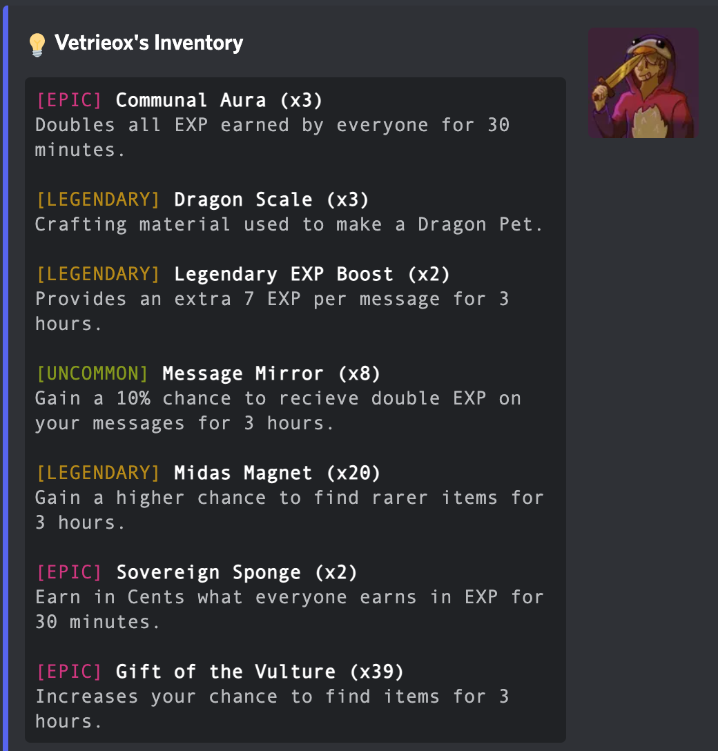 The /inventory command where members can see their collected items