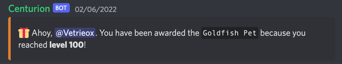 Example of a member earning a rare pet by reaching level 100