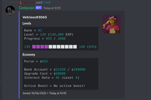The /rank command to view your current level and other stats
